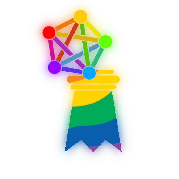 merge of fediverse icon and Basler Stab, in rainbow colors.